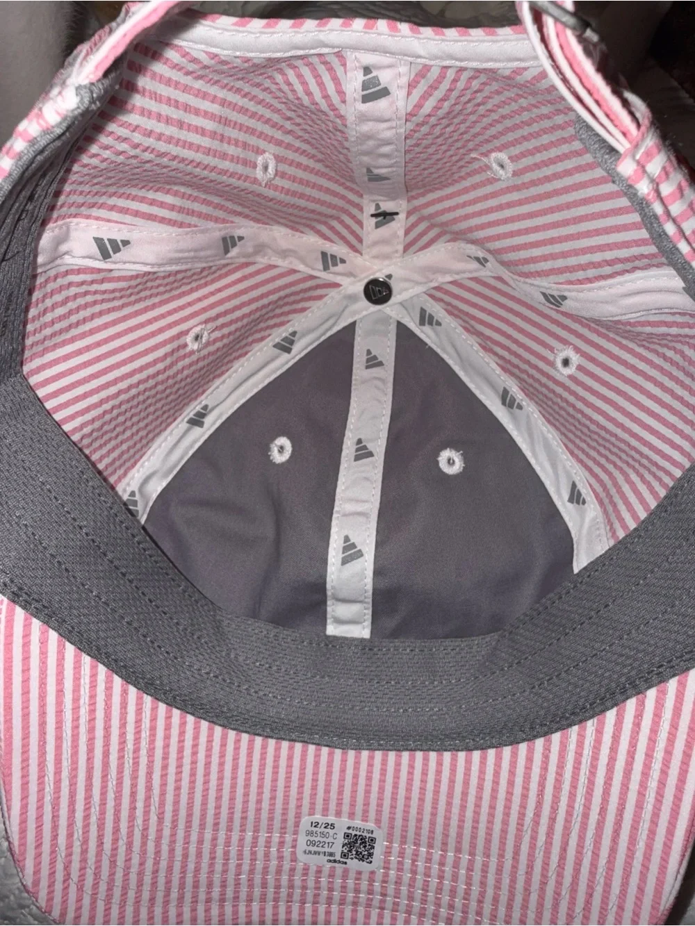 adidas Pink and White Striped Cap with Gray Sweatband